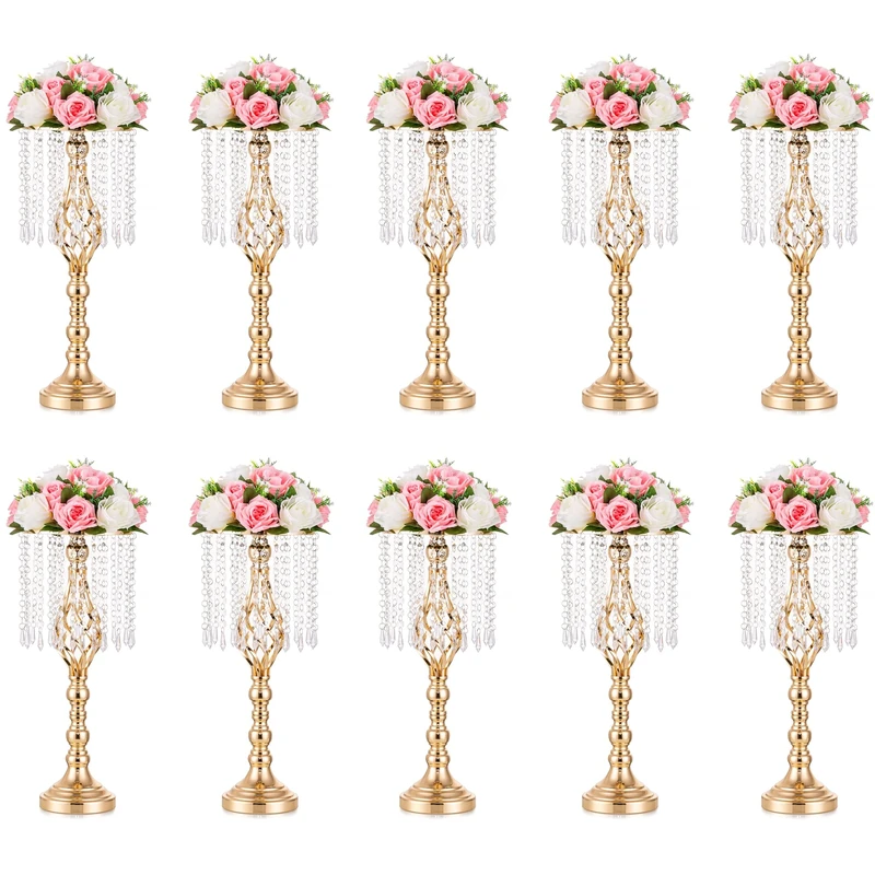 Inweder Wedding Centerpiece Table Decorations - Gold Vase for Centerpieces with Chandelier Crystals, 19.3in Tall Flower Vase, Wedding Metal Flower Stand for Event, Birthday, Home Decoration,10 Pcs
