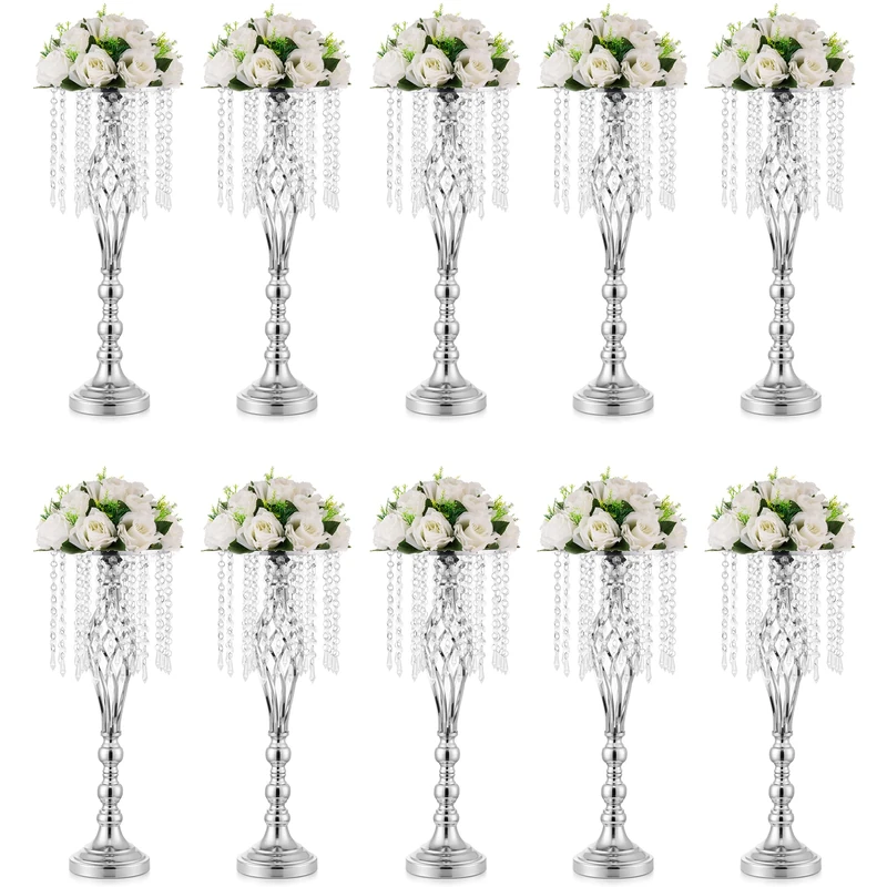 Inweder Wedding Centerpiece Table Decorations - 10 Pcs Silver Vase for Centerpieces with Chandelier Crystals, 21.7in Tall Flower Vase, Wedding Metal Flower Stand for Event, Birthday, Home Decoration