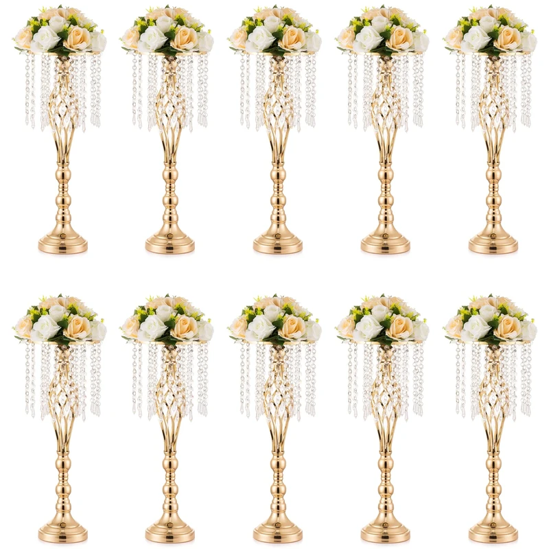Inweder Wedding Centerpiece Table Decorations - 10 Pcs Gold Vase for Centerpieces with Chandelier Crystals, 21.7in Tall Flower Vase, Wedding Metal Flower Stand for Event, Birthday, Home Decoration