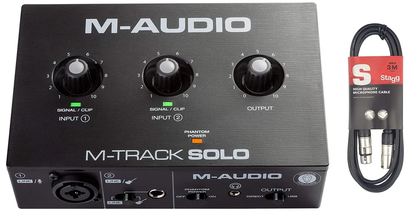 M-Audio M-Track Solo - USB Audio Interface for Recording, Streaming and Podcasting with XLR and DI Inputs, Software Suite & Stagg SMC3 3m Microphone Cable, Black