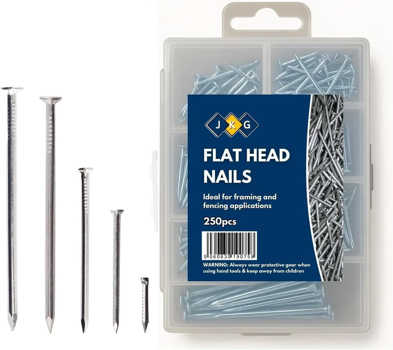 JKG® 250 Assorted Nails for Wood - Iron Nails Set | Hard Nails, Hanging Pictures | Small, Medium, Long DIY Nails, Panel Pins | Flat Headed Woodwork, Wire Common Construction Nails (in Plastic Case)