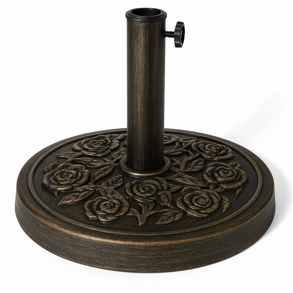 KEPLIN 12kg Cast Iron Effect Parasol Base with Floral Pattern – Heavy Duty Metal Garden Patio Furniture Stand for Umbrella, Canopy, Gazebo, Awning etc. – Diameter 45mm (12 Kg, Bronze)