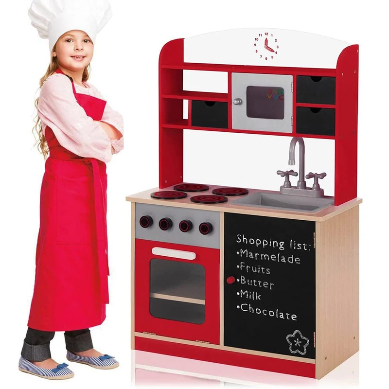 BAKAJI Wooden Kitchen Toy for Children with Door and Drawers Chalkboard Plastic Sink 4 Cookers Openable Oven and Microwave Magnetic Closures 60 x 30 x 90 cm (Red)