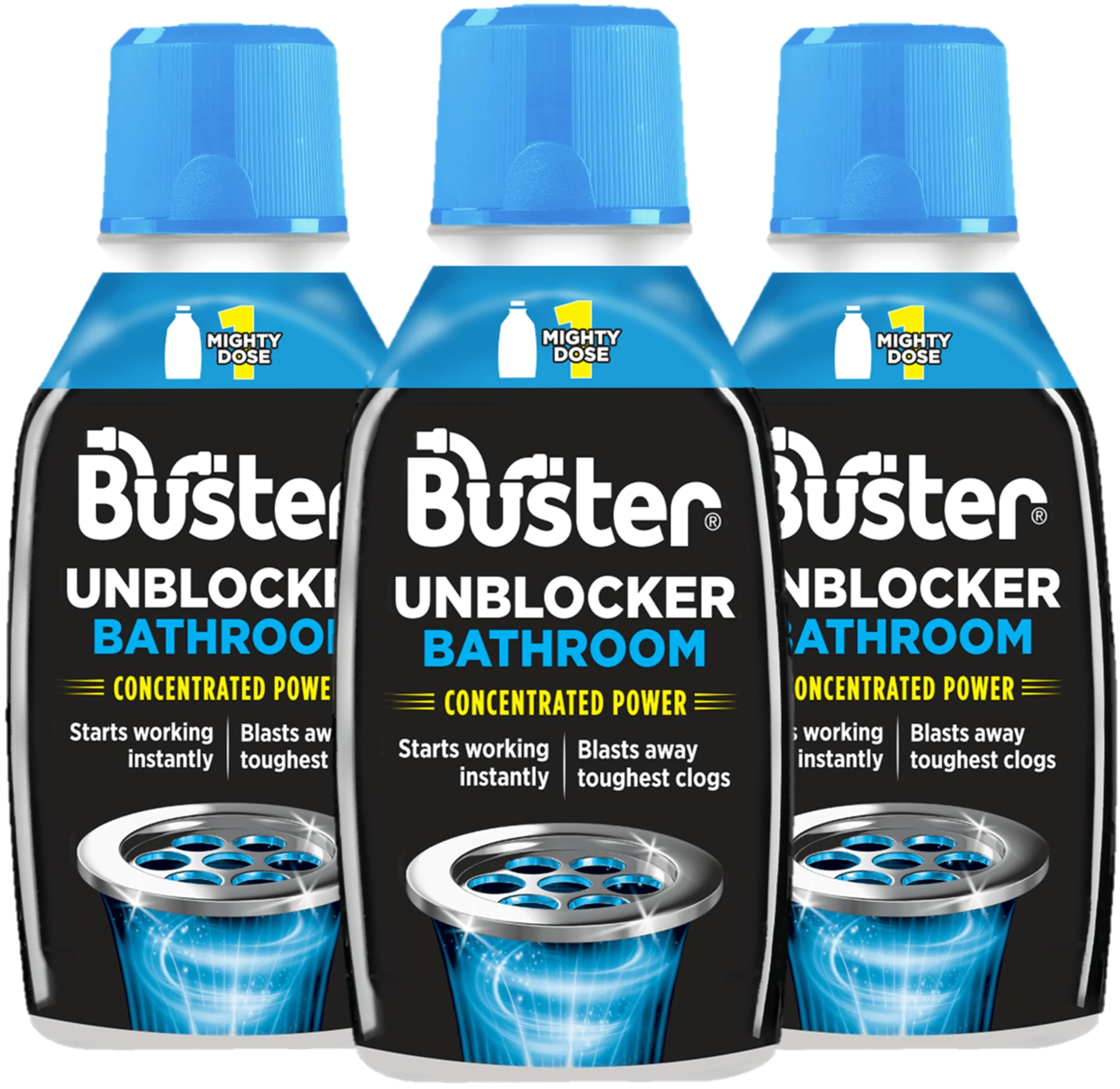 Buster Bathroom Drain Unblocker 300ml, Pack of 3 – Sink Unblocker Removes Hair & Sludge in Showers, Baths & Sinks. Fast-Acting Shower Drain Unblocker Clears Blockages & Slow-Draining Water