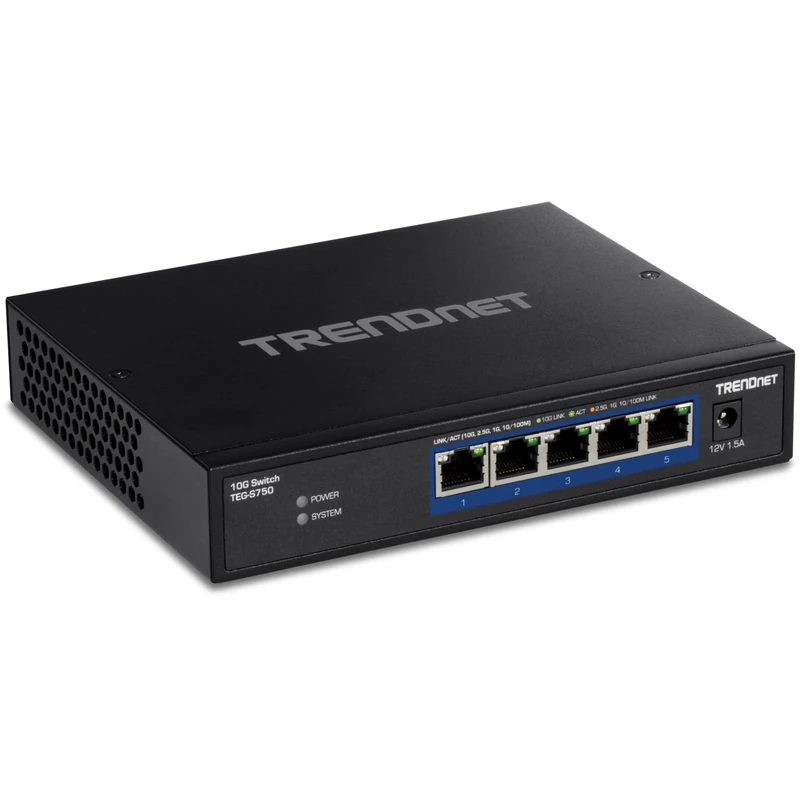 TRENDnet 5-Port 10G Switch, 5 x 10G RJ-45 Ports, 100Gbps Switching Capacity, Supports 2.5G and 5G-BASE-T Connections, Black, TEG-S750