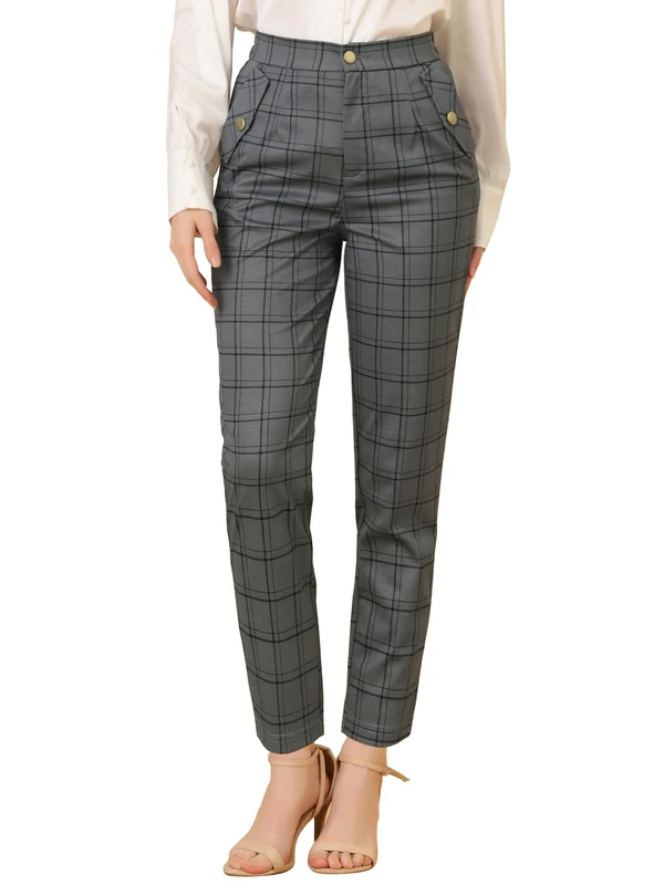 Allegra K Women's Vintage Tartan Plaid Pants Elastic Waist Straight Long Trousers, Grey, S