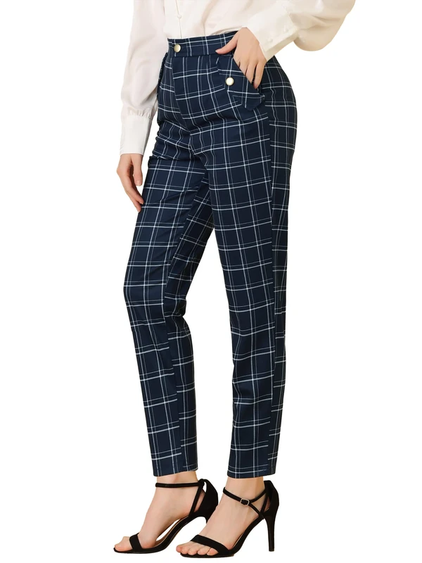 Allegra K Women's Vintage Tartan Plaid Pants Elastic Waist Straight Long Trousers, Dark Blue, Large