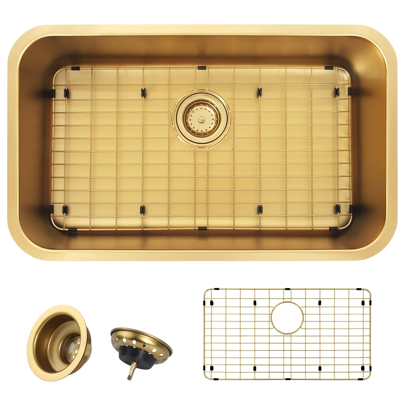 MONSINTA Undermount Kitchen Sink, Stainless Steel Kitchen Sink 3018, Deep Sink, Gold Kitchen Sink, Single Bowl Kitchen Sink with Sink Grid and Sink Drain Assembly, Large Kitchen Sink, PVD Nano Gold
