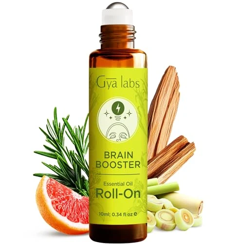 Gya Labs Brain Booster Essential Oil Roll on - Refreshing Brain Essential Oils Roller, 100% Pure Natural, Blend with Rosemary, Sandalwood, Lemongrass & Grapefruit, Travel Size (10ml)