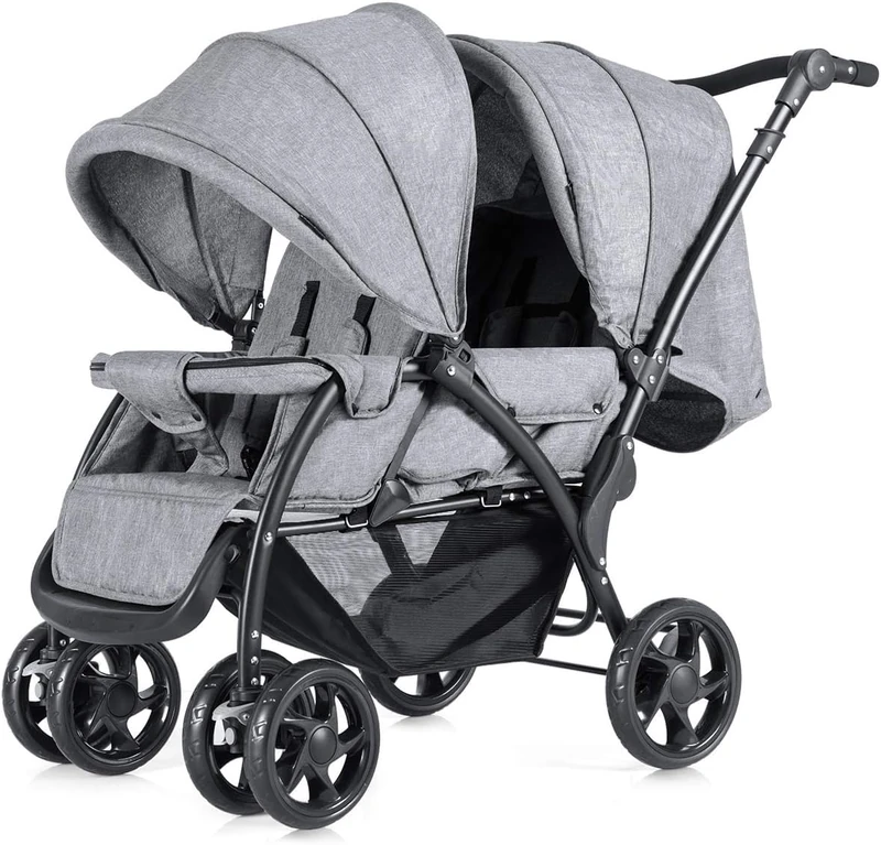 GYMAX Double Seat Stroller with Adjustable Push Handle, Detachable Canopy and Foot Rest, Foldable Baby Pushchair Buggy for Traveling, Going Shopping & Hanging Out (Grey) - Image 1