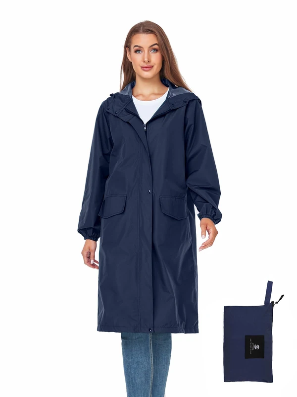 SaphiRose Women's Long Rain Jacket Waterproof Lightweight Hooded Raincoat Packable Knee Length Rain coat, Navy, Small