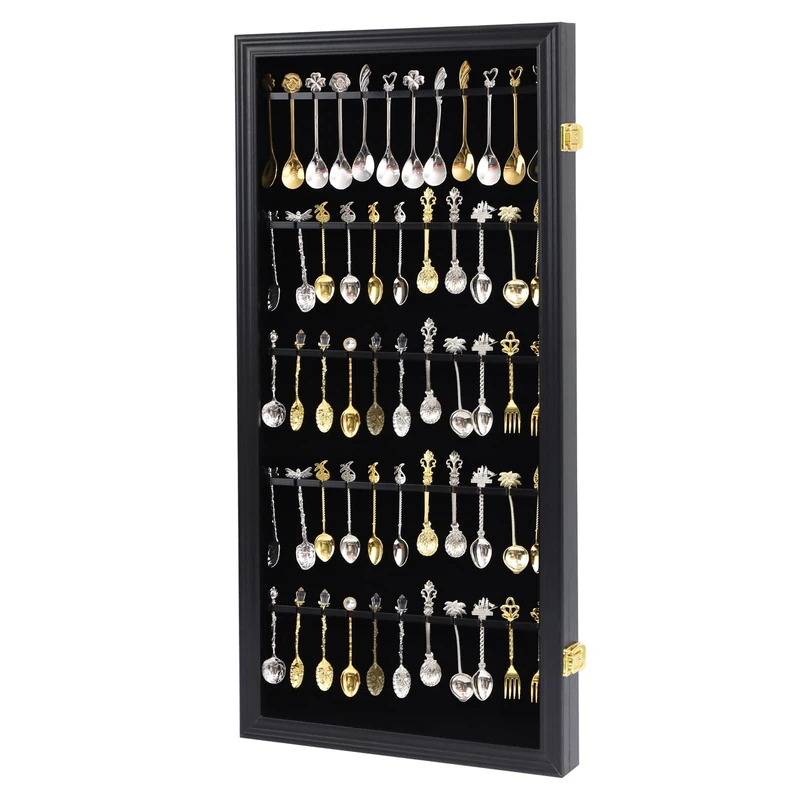 COMSREV 60 Souvenir Tea Spoon Display Case Collection Collector Rack Wall Mount Wooden w/98% UV Acrylic Door Lockable（Black）