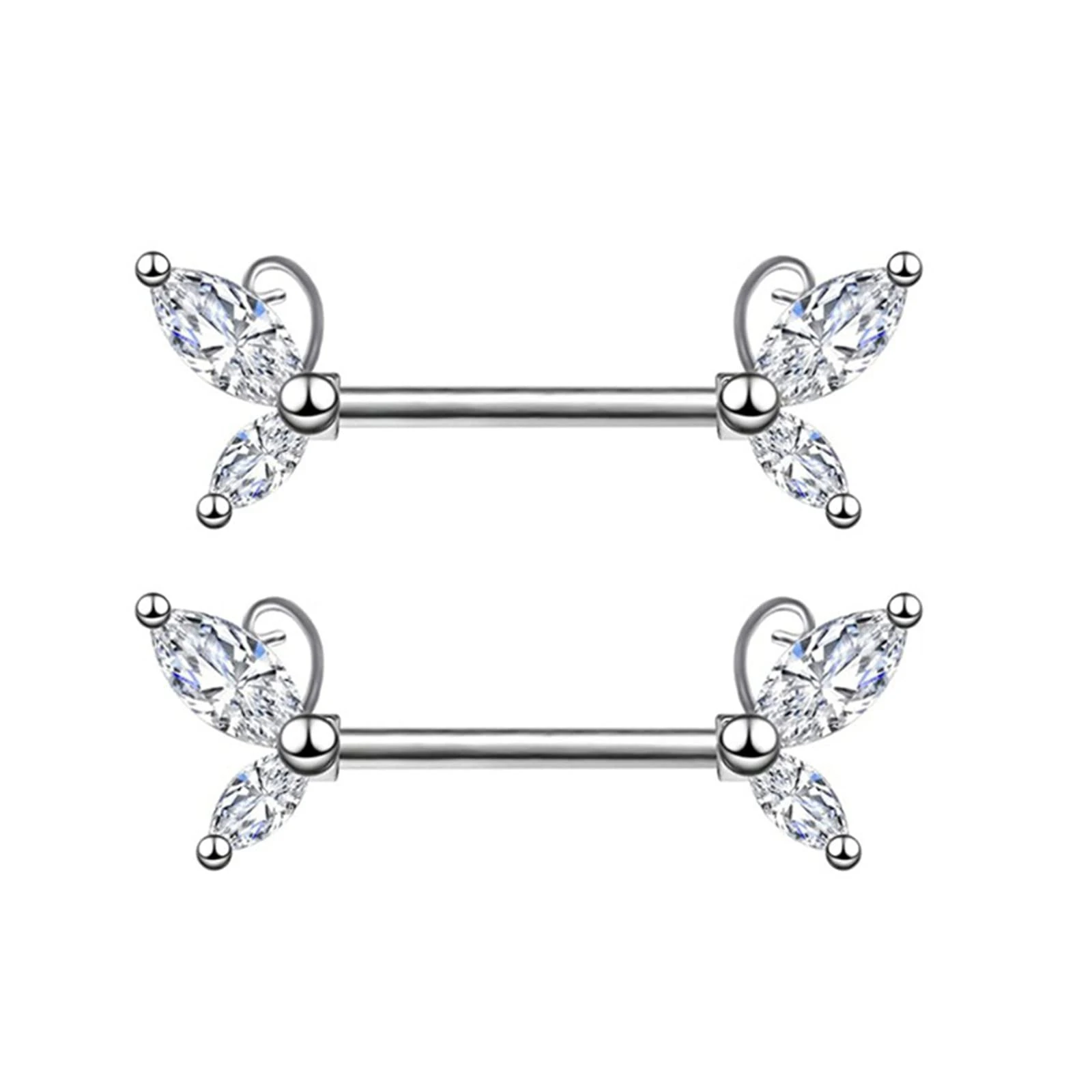 BODYA 2Pcs 1 Pair Stainless Steel Nipple Rings Nipple Nails with Cute Double Cubic Zirconia Butterfly Wing Bar Straight Barbell Body Piercing Jewelry for Women Girls
