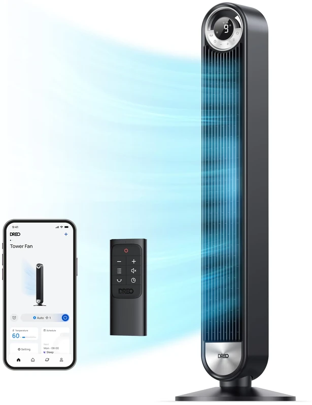 Dreo 25dB Smart Silent Tower Fan, 28 ft/s Velocity Standing Fan for Bedroom, 9 Speeds 4 Modes, Upgraded DC Cooling Fans, 90° Oscillating Bladeless Electric Fans, 12H Timer, WiFi/Alexa/Remote Control