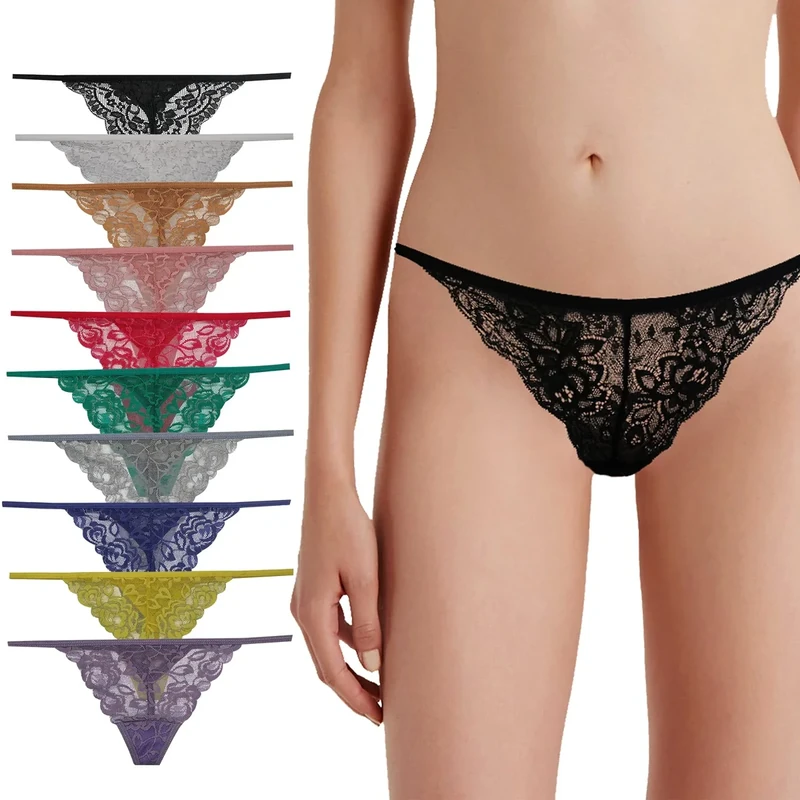 Women Lace G String Thongs underwear Sexy G-string Lingerie Panties Assorted Pack of 10 Different Lace Floral and Color