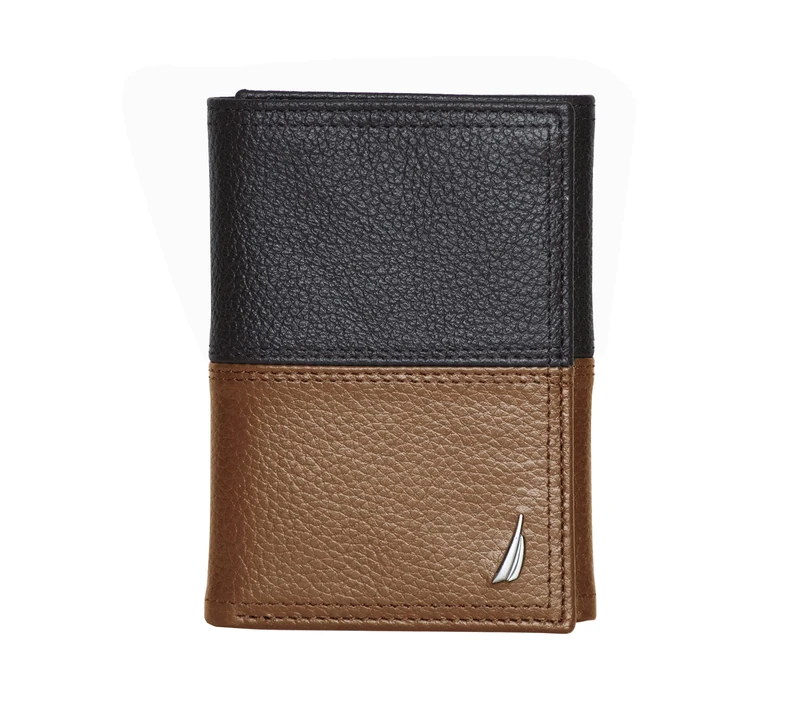 Nautica Men's Classic Leather Trifold RFID Wallet (Available in Smooth or Pebble Grain), Two Tone - Black/Cognac, One Size