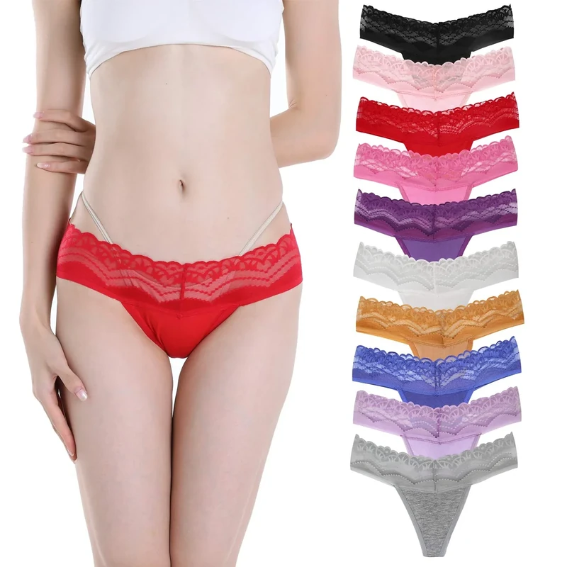 Deigecil Thongs For Women See Through T Back Soft Black Lace Cotton Thongs Ladies Underwear Multipack Pack Of 10