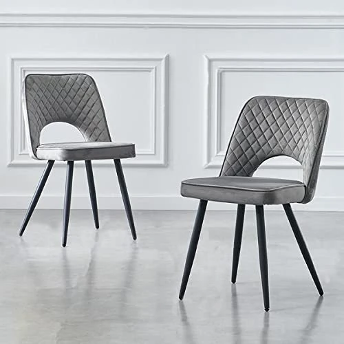 RayGar Dining Chair Set of 2, Velvet Fabric Side Chairs with Black Metal Legs (Grey)