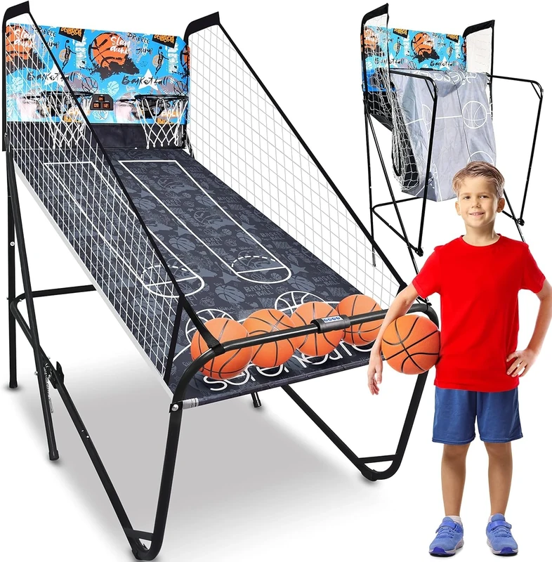 SereneLife Dual Hoop Basketball Arcade Game – Indoor Home Basketball Shootout with Electronic LED Scoreboard, Play Timer, Foldable Frame – Double Hoop Shooting Game for Kids and Adults
