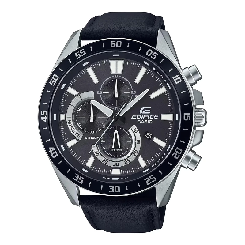 Casio Edifice Chronograph Watch - 48mm Black Dial Leather Strap 10 Bar