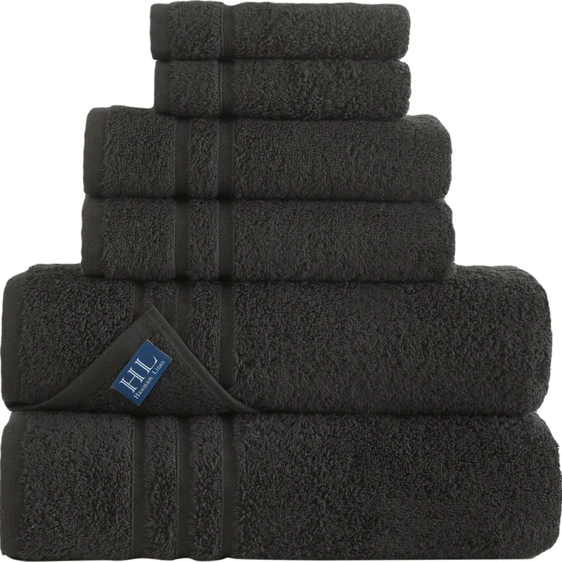 Hammam Linen Black 6 Pack Bath Towels Sets Linen for Bathroom Original Turkish Cotton Soft, Absorbent and Premium 2 Bath, 2 Hand, 2 Washcloths