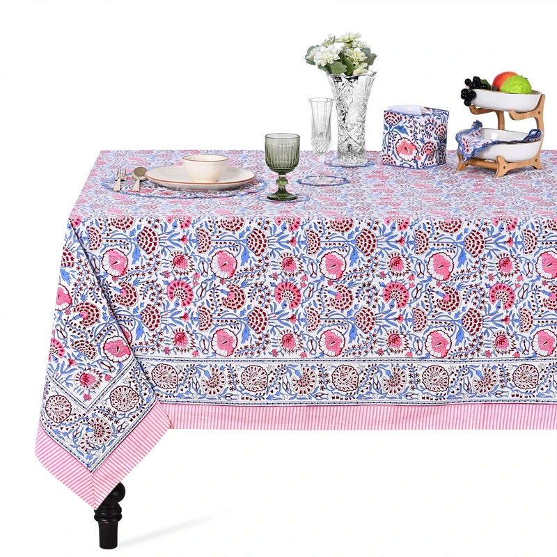 Ridhi - Hand Block Print Cotton Cloth Dinning Table Cover Wedding Farmhouse Thanks Giving Christmas Spring Tablecloth (Pigeon Blue and Flamingo Pink, 4 Seater 60x60 Inches)