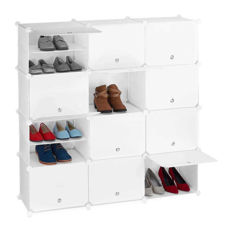 Relaxdays Shoe Cabinet, Storage with Doors, HxWxD: 125 x 125 x 32 cm, 24 Compartments, Plastic Shelving System, White