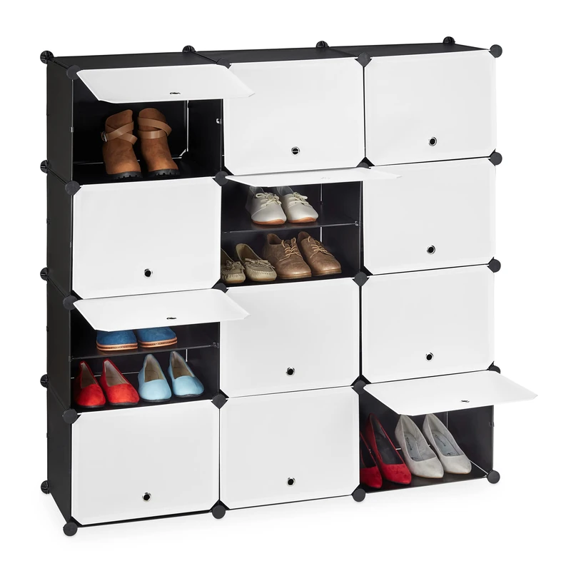 Relaxdays Shoe Cabinet, Storage with Doors, HWD: 125x125x32 cm, 24 Compartments, Plastic Shelving System, Black&White