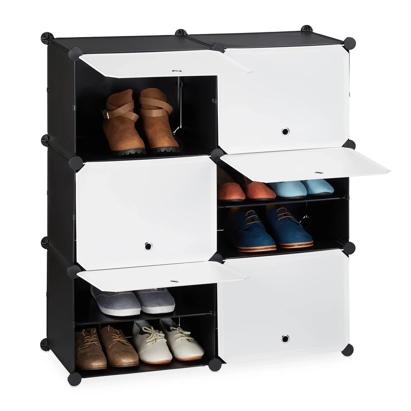 Relaxdays Shoe Cabinet, Storage with Doors, HWD: 95 x 85 x 31.5cm, 12 Compartments, Plastic Shelving System, Black&White