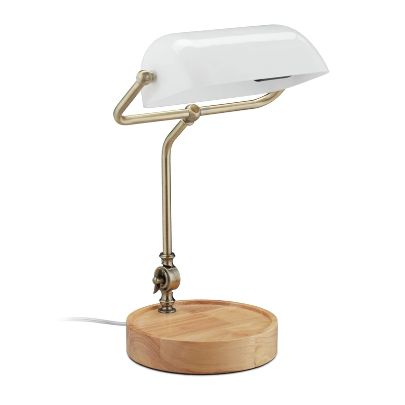 Relaxdays Banker Lamp, Tilting Glass Shade, Wooden Base, E27 Socket, Desk Lamp, Retro, Library Lamp, White/Natural