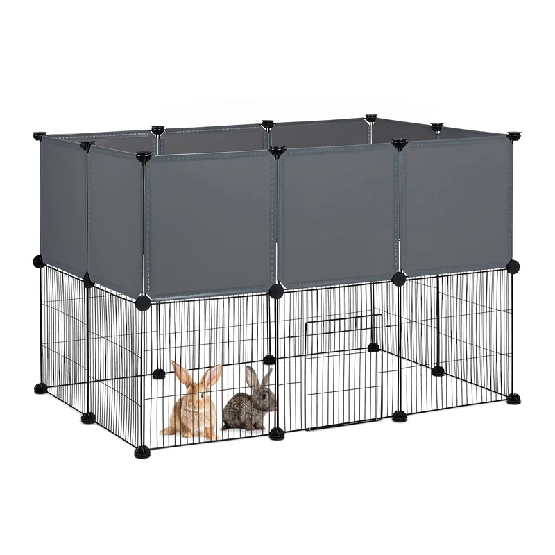 Relaxdays Free-Range Enclosure for Small Pets, HxWxD: 72.5 x 110 x 74 cm, Extendable Metal Cage, Plug-In, Black/Grey