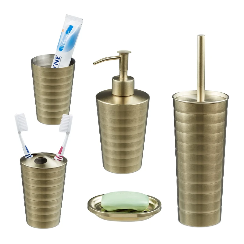 Relaxdays 5-Piece Bathroom Accessory, Brushed Stainless Steel, Complete Toilet Set, Modern Design, Gold, 37 x 11 x 11 cm