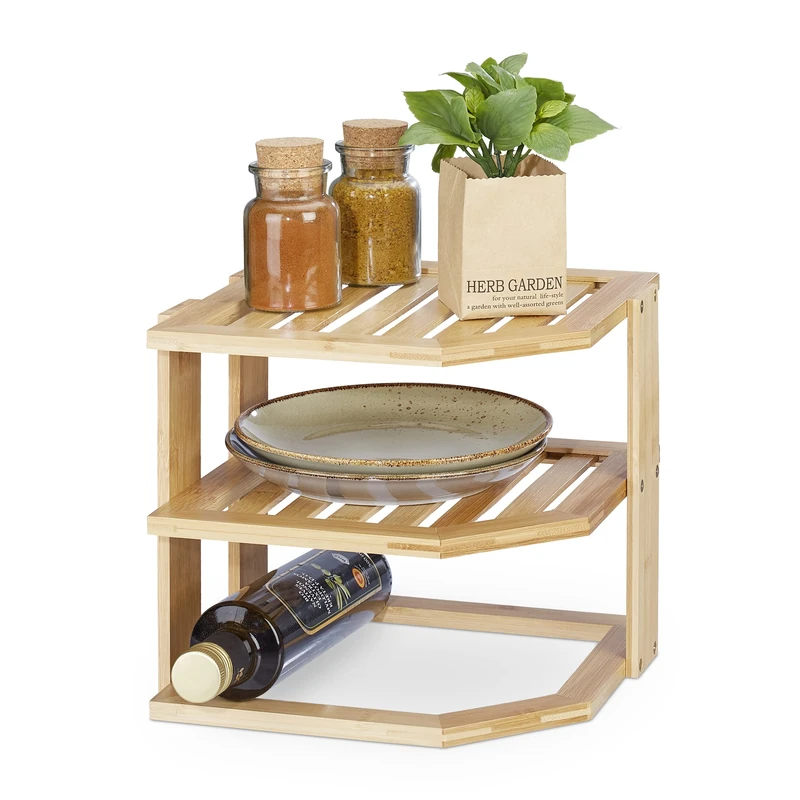 Relaxdays Corner Shelf, Bamboo, HWD: 24 x 27 x 25.5 cm, for Worktop, Kitchen or Bathroom Cabinet, Standing Tray, Natural