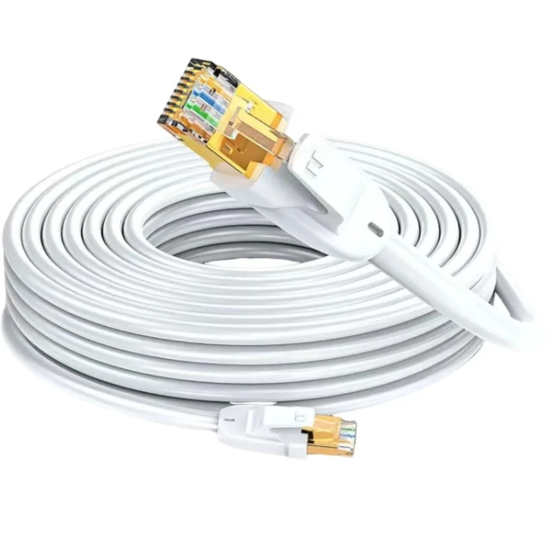 Elfcam® - 50 m Ethernet cable Cat 7 round, LAN/WLAN cable with gold-plated RJ45 connector, network cable 100% copper rigid installation cable, SFTP, 28 AWG, white, 50 m