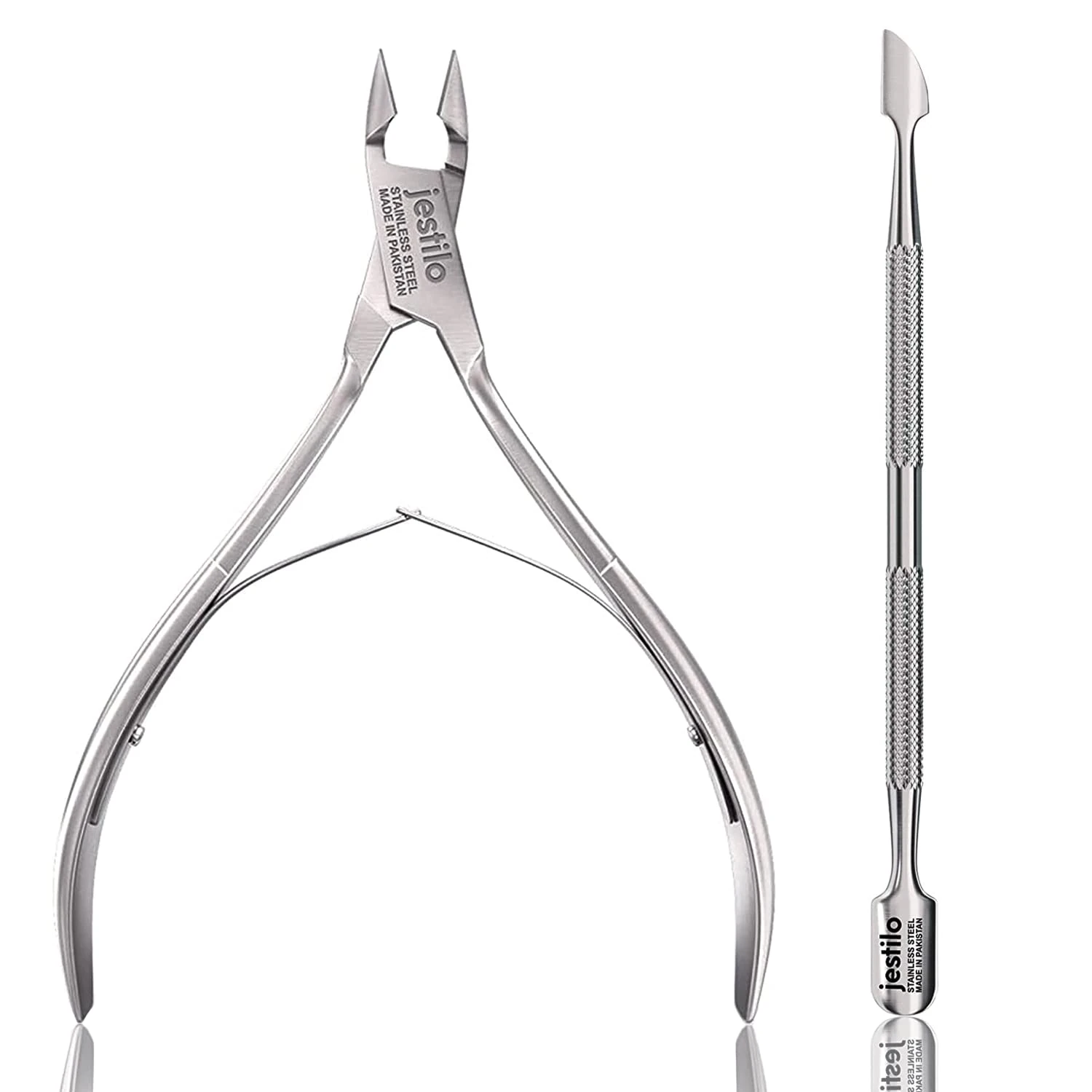 Jestilo Cuticle Remover Tool Set with Cuticle Cutter and Cuticle Pusher - Stainless Steel Professional Cuticle Nipper and Pusher Nail Care Tools for Salon and Level Mani-Pedi at Home (Silver)
