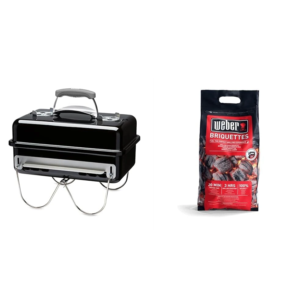 Weber 1131004 Go-anywhere Portable BBQ, Black, 415.0 mm*550.0 mm*280.0 mm & 17590168 Briquettes 4 kg, Black