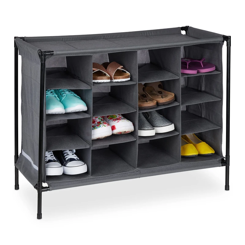 Relaxdays Camping Shoe Rack, 16 Compartments, Stackable, Easy to Assemble, Footwear Cabinet, HWD: 65 x 84 x 37 cm, Grey, Polyester