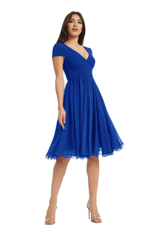 Dress the Population Women's Cap Sleeve Plunge Neck Fit and Flare Knee Length Dress, Electric Blue, Small