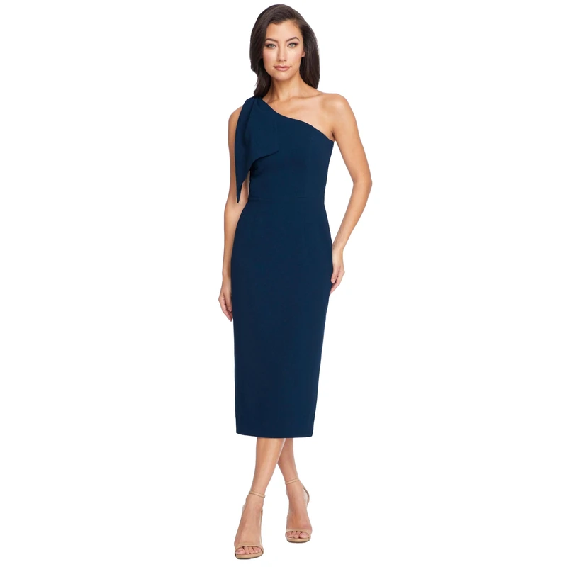 Dress the Population Women's Tiffany Asymmetrical Bow Neckline Bodycon Midi Dress, Midnight, X-Small