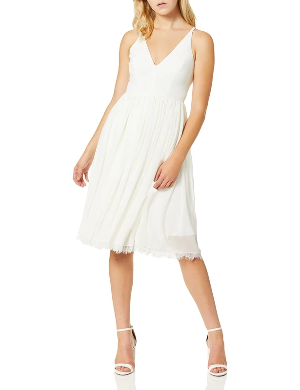 Dress the Population Women's Sleeveless Plunging Fit and Flare Midi Dress, White, XX-Large