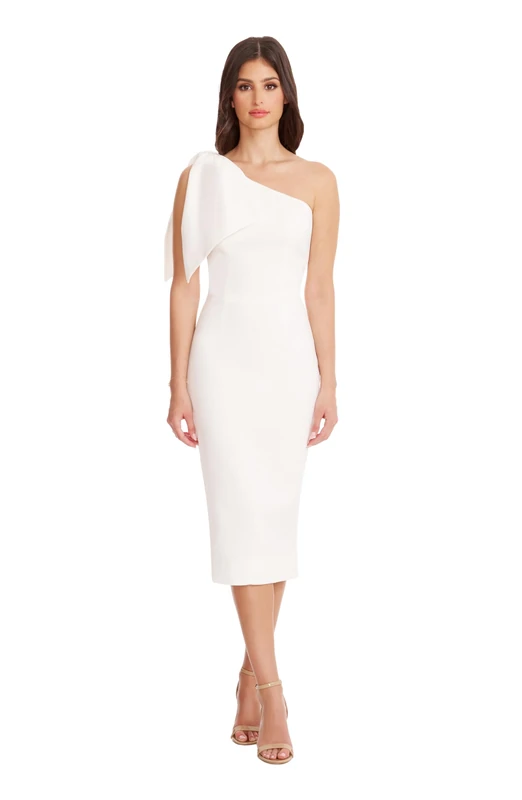 Dress the Population Women's Asymmetrical Bow Neckline Bodycon Midi Dress, White, Large