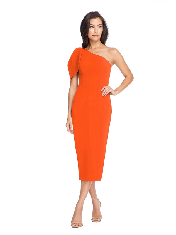 Dress the Population Women's Tiffany Asymmetrical Bow Neckline Bodycon Midi Dress, Poppy, S