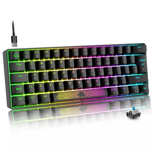 MAGIC-REFINER 60% Mechanical Keyboard Blue Switch, UK Layout Compact 62 Key USB C Wire RGB Backlit Effects Ergonomic Gaming Keyboard Rainbow LED Backlight Compatible With PS4,PC,Laptop,MAC - Black