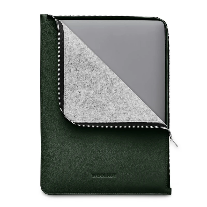 WOOLNUT Folio Case for MacBook Pro 13/14 & Air 13 - YKK Premium Zipper - Full-Grain Leather, Wool Felt Interior - Tailor-Made Fit - Scandinavian Design, Compatible with MacBook Air 13.6 inch - Green