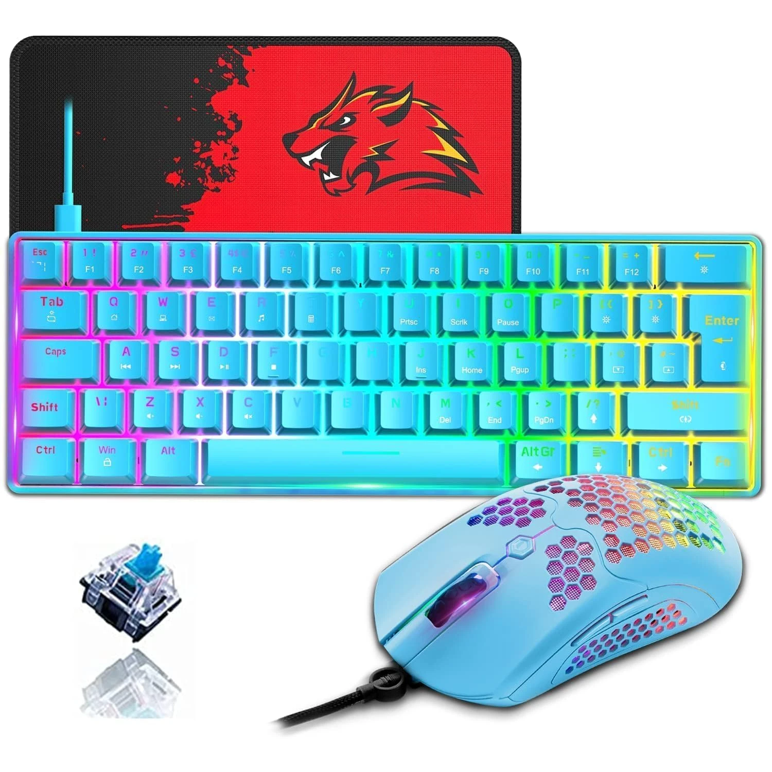 ZIYOU LANG T60 60% Percent Mechanical Gaming Keyboard Mouse [UK Layout] - RGB Light up Type C Ergonomic Mini Keyboard 12000 DPI USB Honeycomb Mouse - Blue+Blue Switch