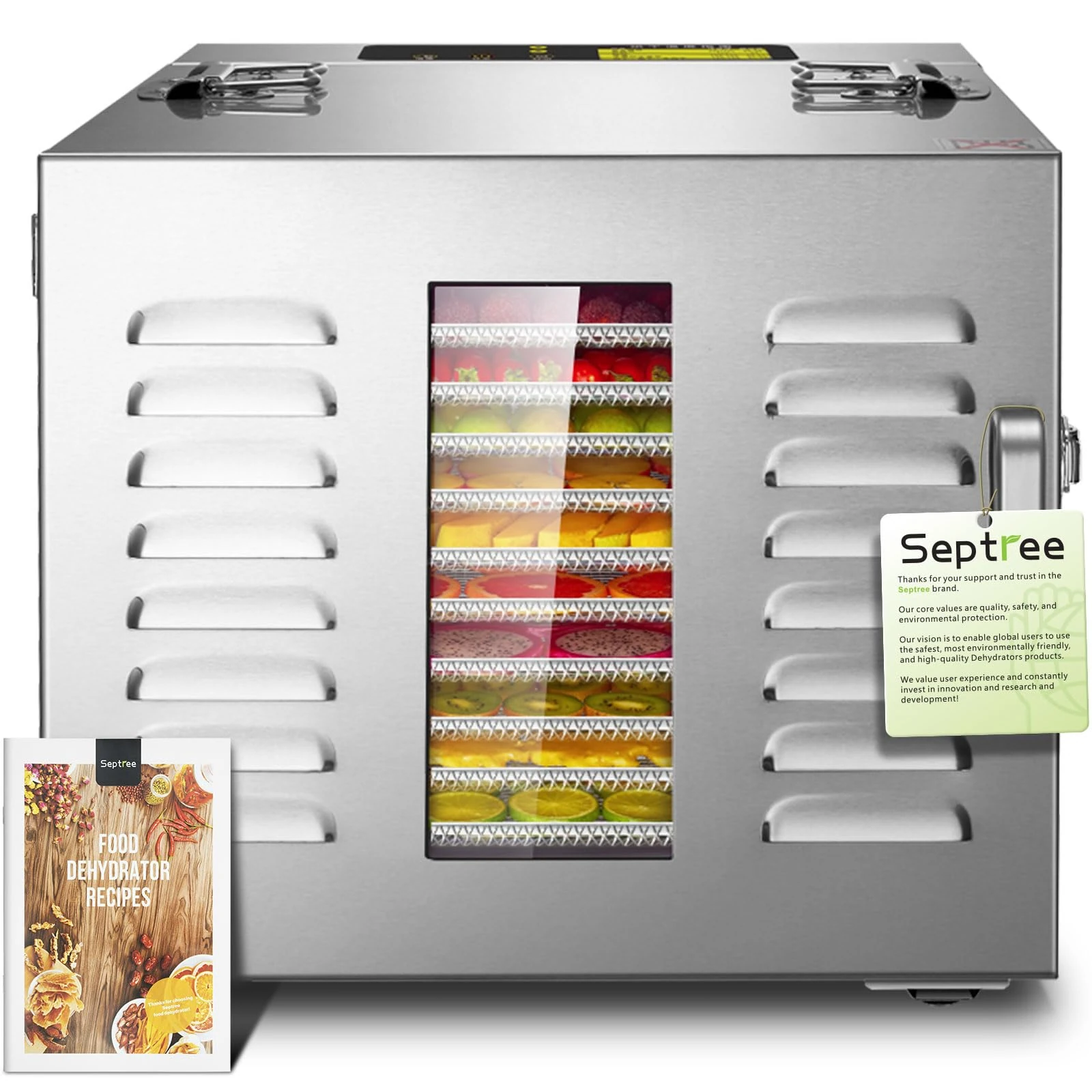 Septree Commercial Stainless Steel 10 Trays food dehydrators machine best sellers for jerky and herbs, Usable space 17ft²,195℉ Temperature, Food Dryer for Meat, Fruit, mushrooms,beef,Pet (FDST01-10)
