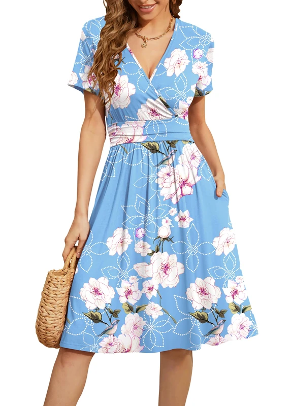 WEACZZY Women's Summer Short Sleeve Casual Dresses V-Neck Floral Party Dress with Pockets, Floral Light Blue, Medium