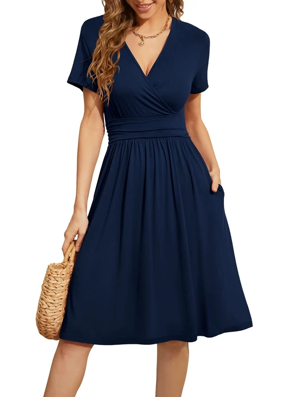 WEACZZY Women's Summer Short Sleeve Casual Dresses V-Neck Floral Party Dress with Pockets, Navy Blue, Medium