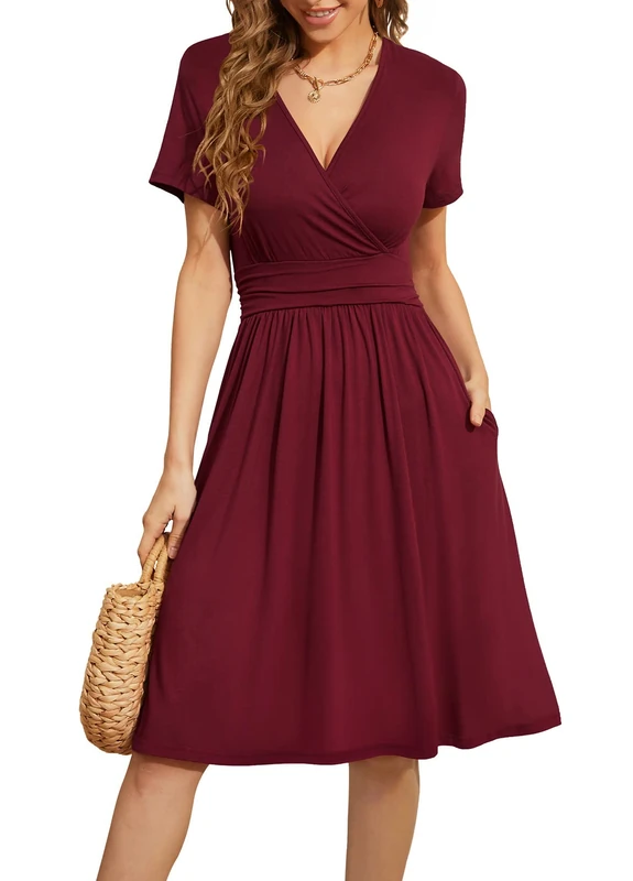 WEACZZY Women's Summer Short Sleeve Casual Dresses V-Neck Floral Party Dress with Pockets, Wine Red, Medium