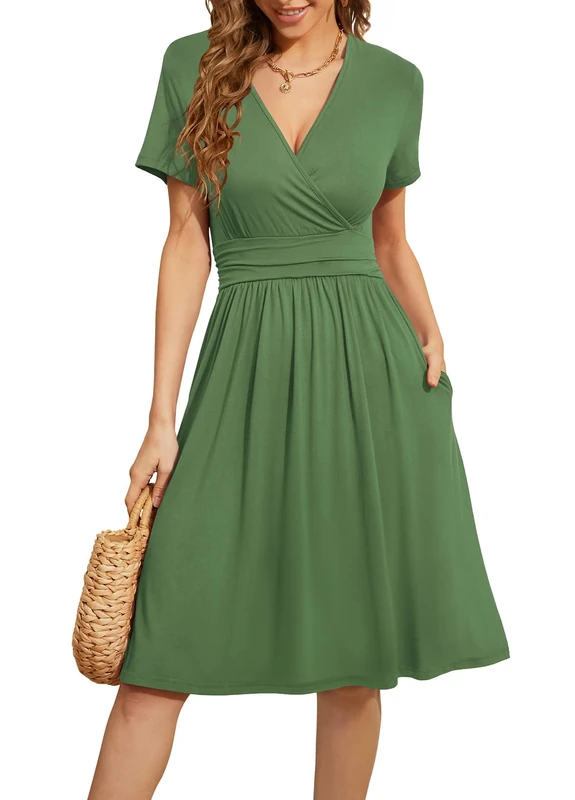 WEACZZY Women's Summer Short Sleeve Casual Dresses V-Neck Floral Party Dress with Pockets, A Army Green, X-Large